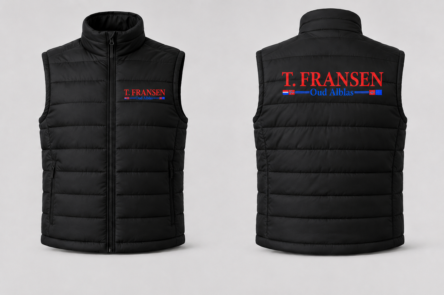 Zwarte T. Fransen bodywarmer voor- en achterkant